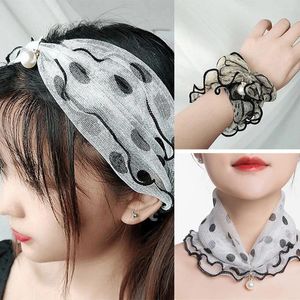 Scarves Fashion Printed Lace Ruffle Neck Collar Multi-function Elastic Chiffon Headscarf With Pearl Pendant Wrap Headband