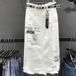 Röcke plus Größe 5xl Frauen weiß Denim Langbuchstaben Druckloch Koreanische Mode Oversize A-Line