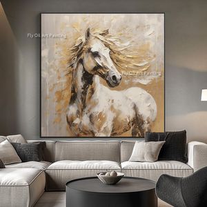 Pintura de óleo de cavalo de ouro branco pintura de arte extra grande artesanal e preta de cavalo abstrato de cavalo de parede de animais pinturas de cavalos de animais texturizados pesados para casa