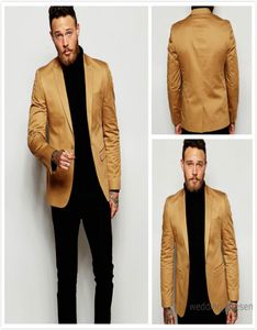 2016 Gold Blazer Slim Fit Tuxedo Suits For Groom Groomsmen Peaked Lapel Wedding Suits Custom Made Prom Mens Suits With Black Pants9949535