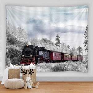 Tapisseries Nature Forest Snow Scene Tapestry Train Mönster Estetiskt rum Dekor matta vägg hängande hem sovsal sovrum dekoration