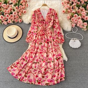 Casual Dresses Spring Autumn Sexy V-neck Dress Women Sleeve Beach Ladies Elegant Floral Printed Party Long Robe Vestidos