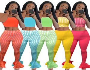 Mulheres Conjunto de duas peças de calças sem alças Tops de travessa de colheitas de colheita de calças de calça de legging s2xl tamas listradas calças de calça