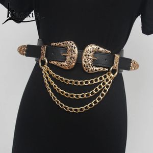 Dubbel vintage krökning av metallspännen PU Midjebälte för kvinnor Multi-Layer Chain Elastic Designer Corset Dress Waistband 240329