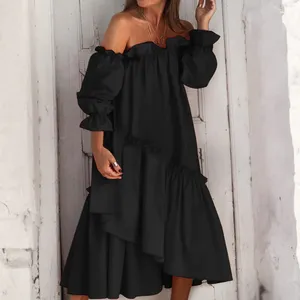 Casual Dresses Asymmetrical Loose Off Shoulder Long Dress Women Irregular Ruffles Midi Holiday Sleeve Robe Bohemian Beach Sundress