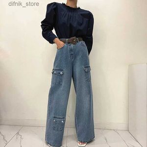 Frauen Jeans 2023 Koreanische Y2K Mode gewaschene blaue Baggy -Frachtjeans Hosen Frauen Kleidung Multi -Taschen gerade Wide Lady Denim Hosen y240408