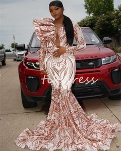 Sparkly Rose Gold Prom Dress For Black Girls Plus Size Sequin Evening Dresses 2024 Mermaid Long Sleeve Formal Occasion Birthday Party Gowns Vestidos De Noite Abiye