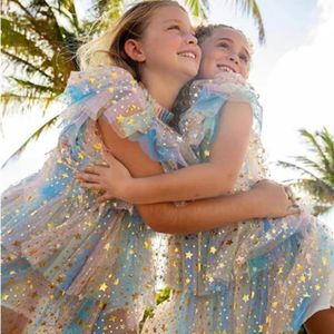 Летние детские девочки Rainbow платье маленькая девочка Princess Star Sequin Seercein Party Plays Tulle 3-8T Девушка повседневная ежедневная одежда Vestidos 240407