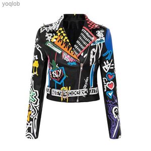 Women's Leather Faux Leather Spring Printed Womens Short Pu Jacket Motorcycle Wear Leather Womens Punk Rock Fashion Street Coat Leather JacketsL2404