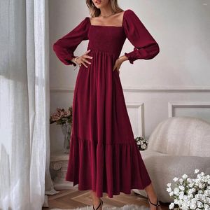 Casual Dresses Elegant Ruffled Pleated French Style Dress Women's Loose Square Neck Long Sleeved Party Smocked Temperament