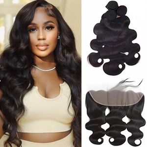 Body Wave Bündel menschliches Haar mit frontalem 13x4 HD Transparent Spitze Frontal 100% natürliches menschliches Haar Brasilianisches reales Haar 240408