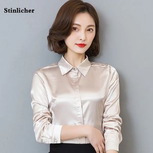 Stinlicher Satin Silk Shirt Women spring Autumn Long Sleeve Elegant Work Wear Tops Korean Fashion White Blue Black Blouse Shirt240402