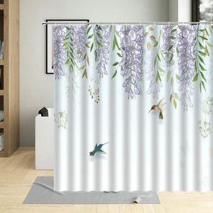 Duschgardiner Wisteria Flower Tree Waterproof Badrumdekor Romantisk rosblommig växtgardin Polyester Tyg med krokar