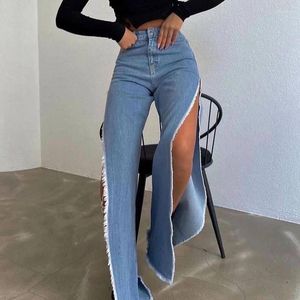 Women's Jeans Sexy Side Slit Hollow Out Women Pants High Waist Metal Button Denim Pant Summer Slim Girl Streetwear 2024 Long Trouser