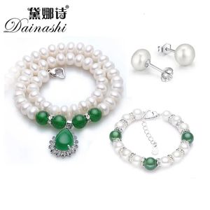 Dainashi large natural 910 mm necklace womens earrings and bracelet sets with freshwater pearl green agate for women 240401