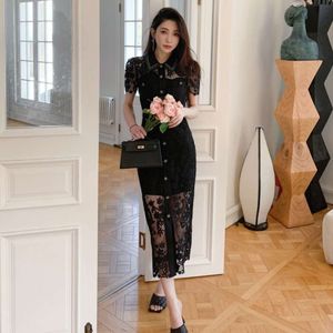 Lace Elegant Temperament Long Handmade Beaded Lapel High Waisted Slimming Dress Two-piece Set in Black and White