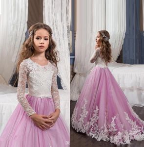 2017 Princesa mangas compridas Lace Flower Girl Dresses vestidos puffy rosa crianças vestidos de baile de noite vestidos de festas de festas