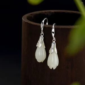 Dangle Earrings Real Solid 925 Sterling Silver Lucky Natural Jade White Orchid Flower Women