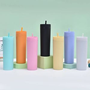 16oz 더블 벽 마른 텀블러 무광택 물병 뚜껑 밀짚 플라스틱 프로스트 스트레이트 바디 컵 커피 머그잔 240325