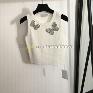 Rhinestone Butterfly Tanks Top Women Sexig stickade toppar Summer Crew Neck Vest Luxury Knits Tee