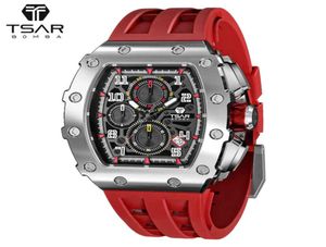 مشاهدة TSAR BOMBA WATKES Luxury Sport Chronograph Quartz Wristwatch Glass Glass Steeld Stainless Tonneau Watch For9899075