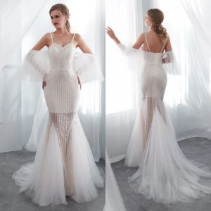 Kleider sexy Elfenbein Meerjungfrau Brautkleider Spaghetti -Träger abnehmbar Kurzarm Spitzenbrautkleid 2018 auf Stock Mode Hochzeitskleid c