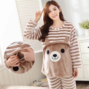 Sweatshirts Herbst Langarm Flanell Flanell Mutterschaft Kleidung Winter Dünne Koralle Fleece Pamas Set Schwangere Frauen Stillen Pflegepyjama