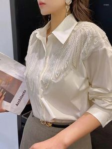 Kvinnors blusar pärlstav paljett stitch vita skjortor kvinnor 2024 vårens höst i långärmad kontor lady tops camisas de mujer