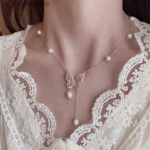 Pendant Necklaces Butterfly Pearl Pendant Necklace Gift for Women Inlaid Zircon Shiny Jewelry Elegant asymmetrical Cute Party Jewelry240408