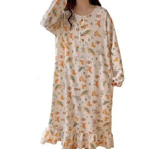 Lång ärm enstaka pyjamas fjäder tunn moln bomulls sömnkläder rund hals enkel tryck nattdress hem raseri kläder för kvinnor 240408