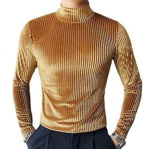 Camisa de veludo de veludo de ouro masculino Autumn e Winter Fashion Luxury Party Party de manga longa Pullover listrado Homme 4xl-S 240312