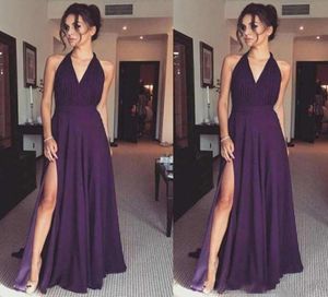 2019 Halter Purple Long Evening Dresses vネックノースリーブシフォンサイドスプリット安い花嫁介添人ドレスパーティープロムガウン9532064