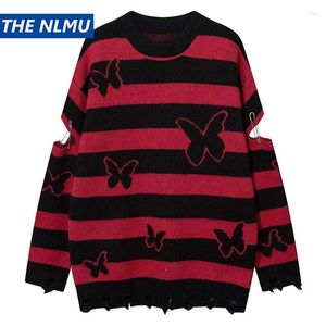 Męskie swetry 2024 Hip Hop w paski z dzianiny Sweter Streetwear Butterfly Graphic w trudnej sytuacji rozerwany pullover men harajuku swobodny dzianin