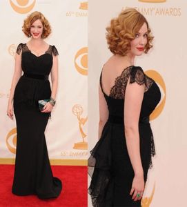 Inspired By Christina Hendricks A Line Black Lace Celebrity Dress With Sexy Sweetheart Neckline Short Sleeve Low back Satin Fabric8704951