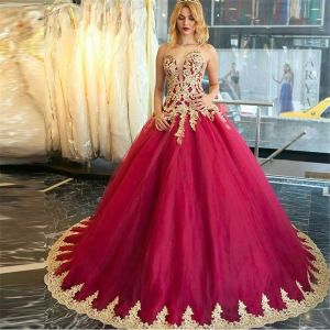 Kleider Luxus Deep Sweetheart Ausschnitt Prinzessin Burgund Tulle Brautkleider Gold Appliken Spitzen Ballkleid Brautkleider Vestidos de F.