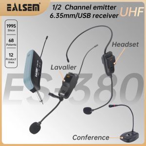 Microphones EALSEM 380 UHF 1/2 Channel Wireless Handheld/Conference/Lavalier/Headset Microphone USB/6.35MM Jacks50Meter 640690MHz For KTV