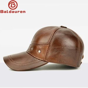 Man High Quality Real Leather Baseball Caps Male Casual Cowhide Belt Ear Warm 56-60cm Adjustable Sprot Flight Hats 240327