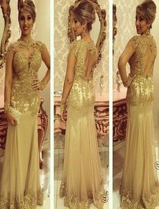 Elegant Gold Mother of the Bride Dresses Pearls Lace Appliques Long Sleeves Vestidos Sexy Open Back Formal Dress MD3412705941