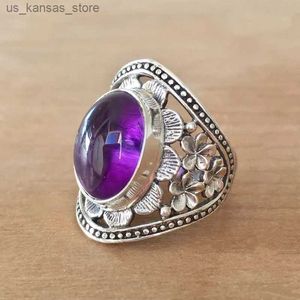Cluster Rings Retro metal handmade carved wreath set with amethyst womens party ring240408