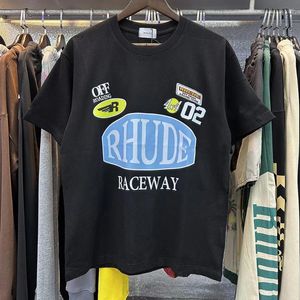 Herr t -skjortor raceway stil svart vit aprikos bokstäver tryck skjorta män mode överdimensionerade löst hiphop par tee streetwear