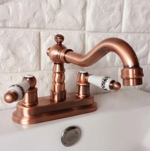 Bathroom Sink Faucets Antique Red Copper Basin Faucet Dual Hole 4" Centerset Deck Mounted Lrg046