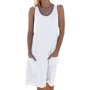 Casual Dresses Crew Neck Solid Colour Sleeveless Knit Vest Dress Pocket