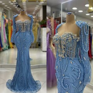 Luxury Women Mermaid Evening Dresses Sheer Neck Long Sleeves Prom Gowns Sequins Crystal Beads Sweep Train Dress For Party Custom Made Robe De Soiree