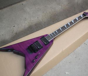 Fabriksanpassning Purple EMG Pickup Flying V Electric Guitar Rosewood Fingerboard Flame Beige Veneer Floyd Rose tillhandahåller5627261