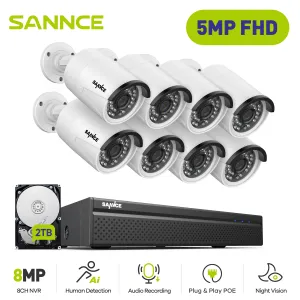 System Sannce 8ch 5MP POE NVR Kit CCTV Security System 5MP/3MP IR IP66 Vattentät utomhus IP -kamera Plugplay Video Surveillance Set