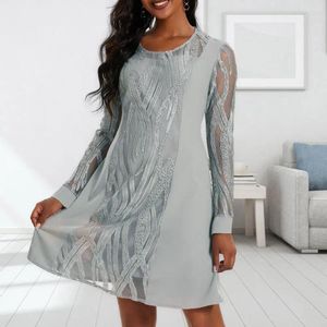 Casual Dresses Women Dress Elegant Lace Round Neck Long Sleeve Midi For See-through Mesh Patchwork A-line Knee Length Party Prom