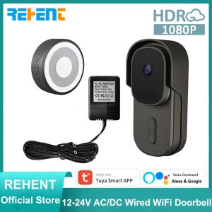 Doorbell REHENT Tuya 1224V AC/DC Wired Video Doorbell Camera 1080P 170° View Angle Battery Audio Alexa Google Door Bell Smart Life APP