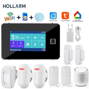 Kits Hollarm Tuya WiFi Alarm System GSM Smart Home Security Alarm Wireless Sensor Touch Screen Fingerprint Alarm Kit Works With Alexa