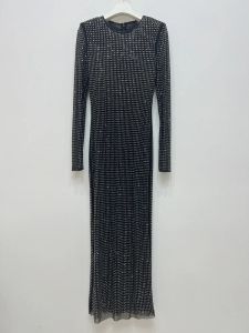 2024autumn/Winter Neues Luxuswasser Diamant Mesh Hochtemperatur Heiße Diamant schwarz sexy runde Nacken Mode Frauenkleid