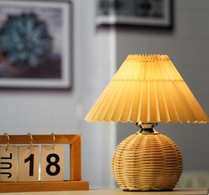 Bedside Decoration Desk Lamp Vintage Korean Rattan Table Lamps For Bedroom Living Room Light Home Deco USB Creative Pleats Lightin9581431